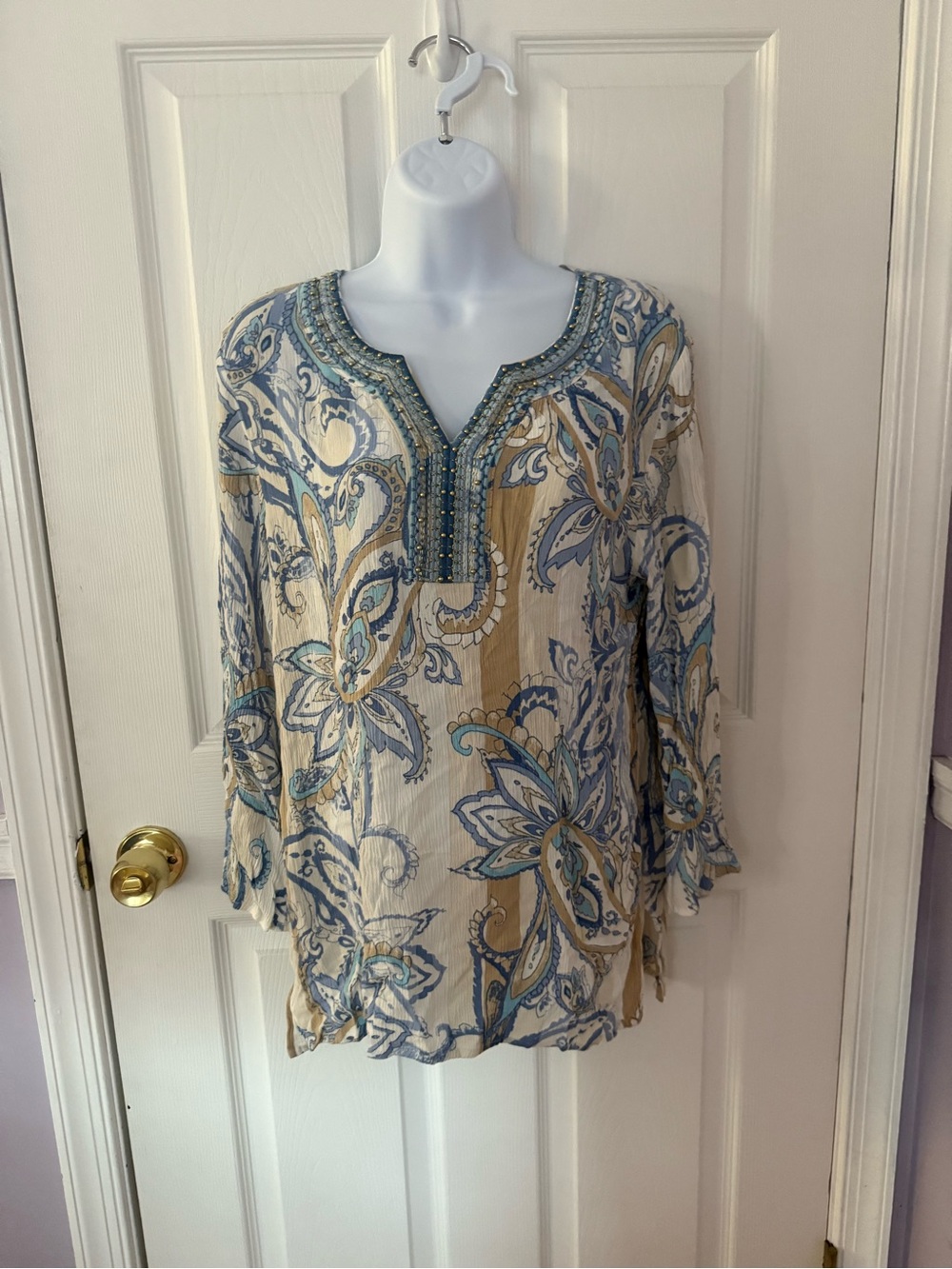 Ruby Rd. Embellished V-Neck Paisley Tunic in Blue and Tan
